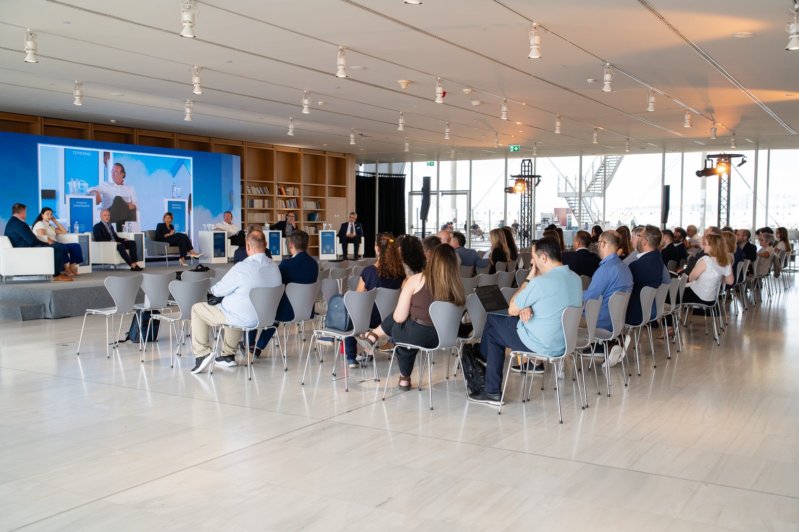 Wide view of the hall and the LED wall